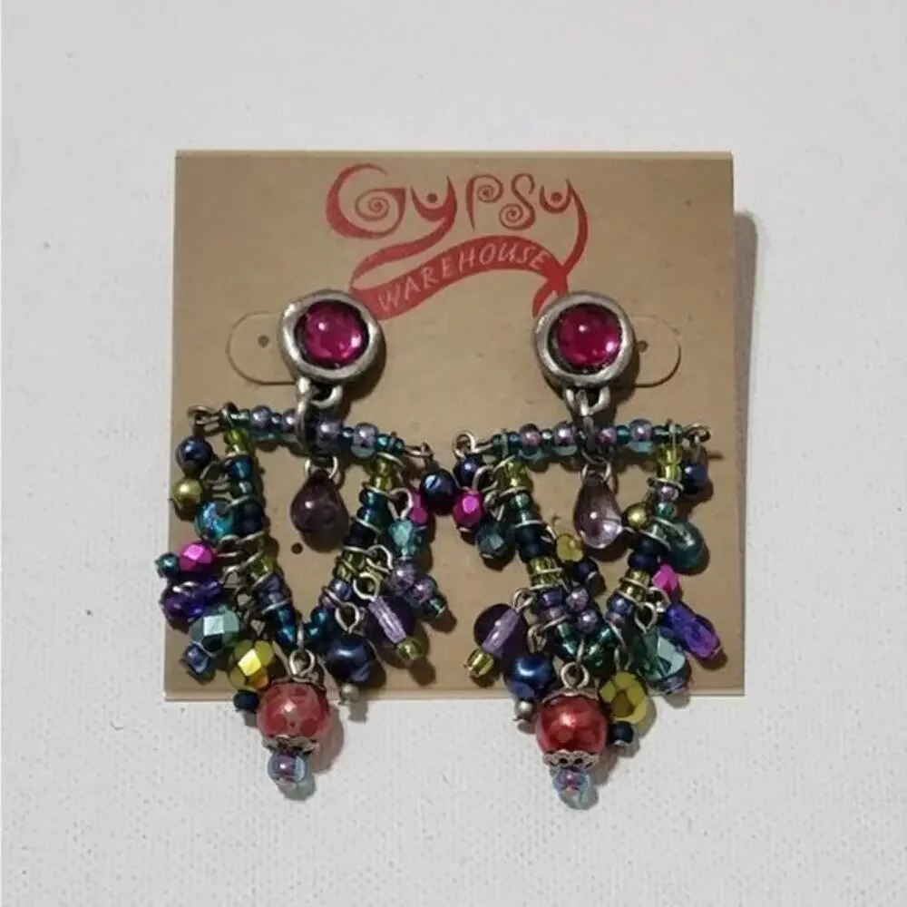 Treska Gypsy‎ Multicolored Beaded Chandelier Drop Post Earrings Boho Pink Teal